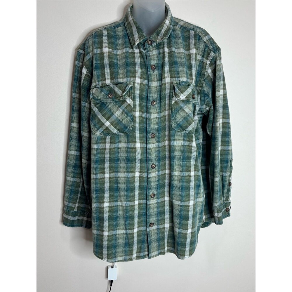Duluth Trading Co  100% Cotton thick flannel Green blue Plaid Shirt large